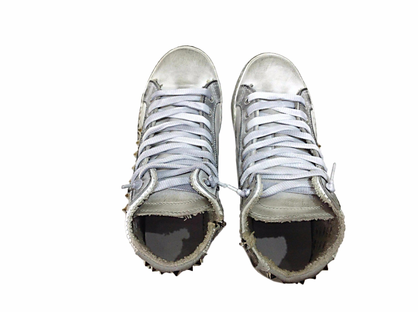 VIA CONDOTTI Scarpe Sneaker Alte Uomo Pelle Bianco Ghiaccio Sfumato Con Borchie E Cono - Stile Rock E Comfort