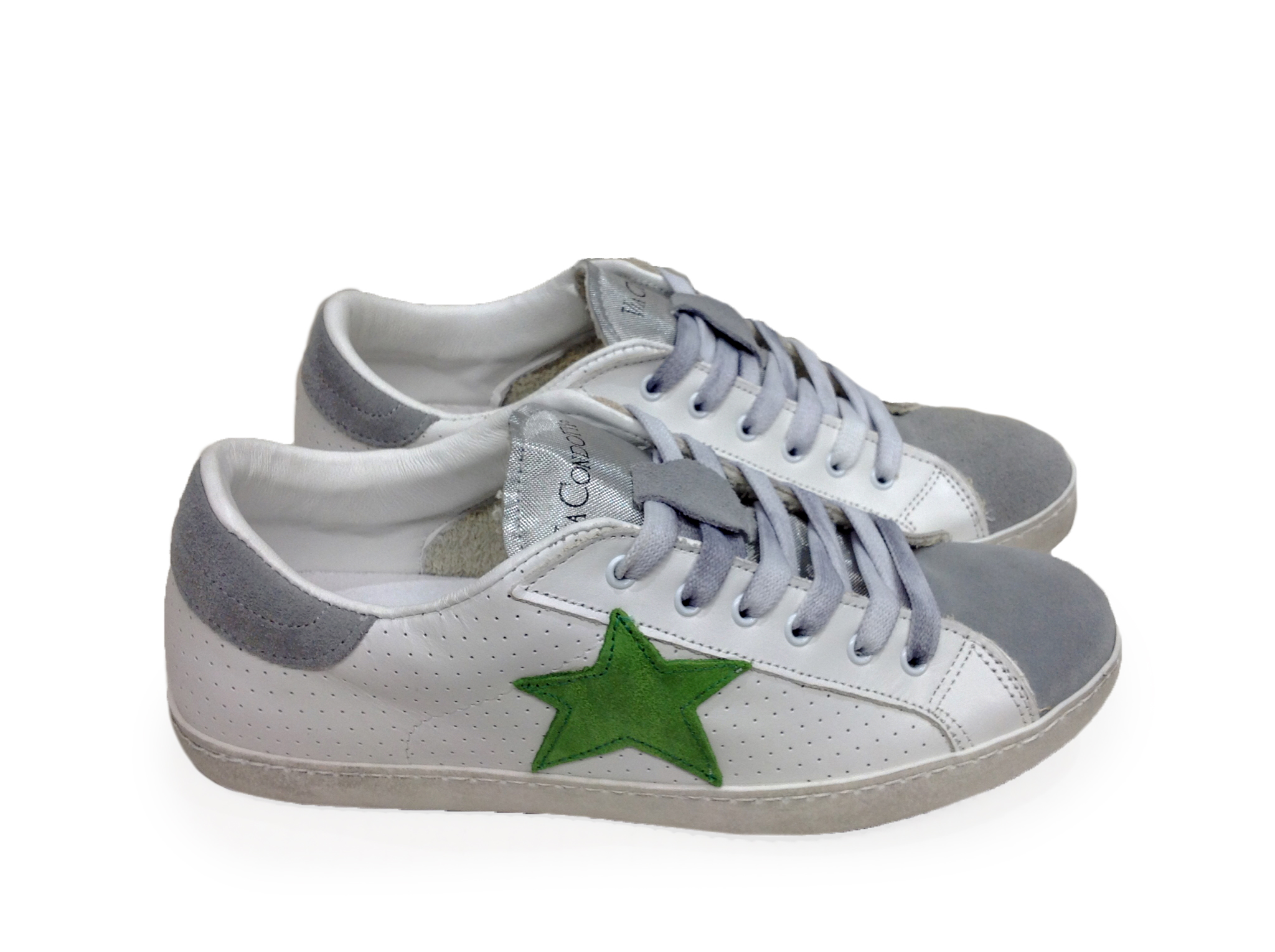 scarpe sneakers basse uomo pelle bianca traforata grigio metal stella verde Nuov