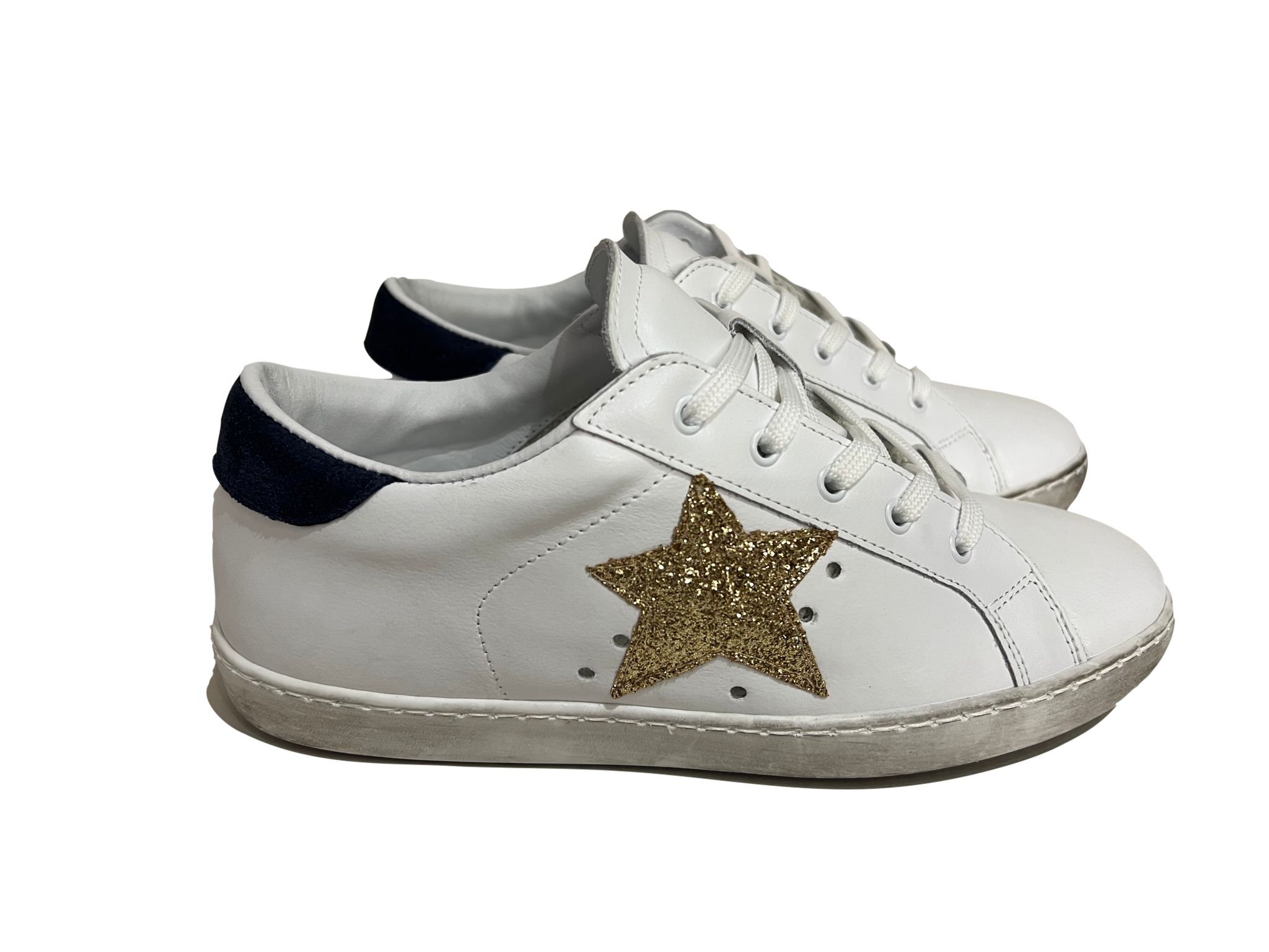 scarpe sneakers basse donna Via Condotti pelle bianca blu stella glitter oro