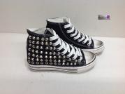 scarpe stivaletto donna in tela nero con zeppa interna borchie cono sfumato