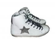 scarpe sneakers alte uomo Via Condotti pelle bianco grigio stella glitter argen
