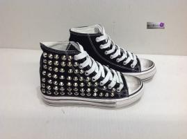 scarpe stivaletto donna in tela nero con zeppa interna borchie cono sfumato